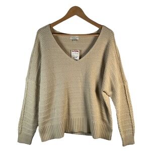 Lucky Brand Women's L V-Neck Waffle Knit Sweater Beige Cream Textured Cozy‎